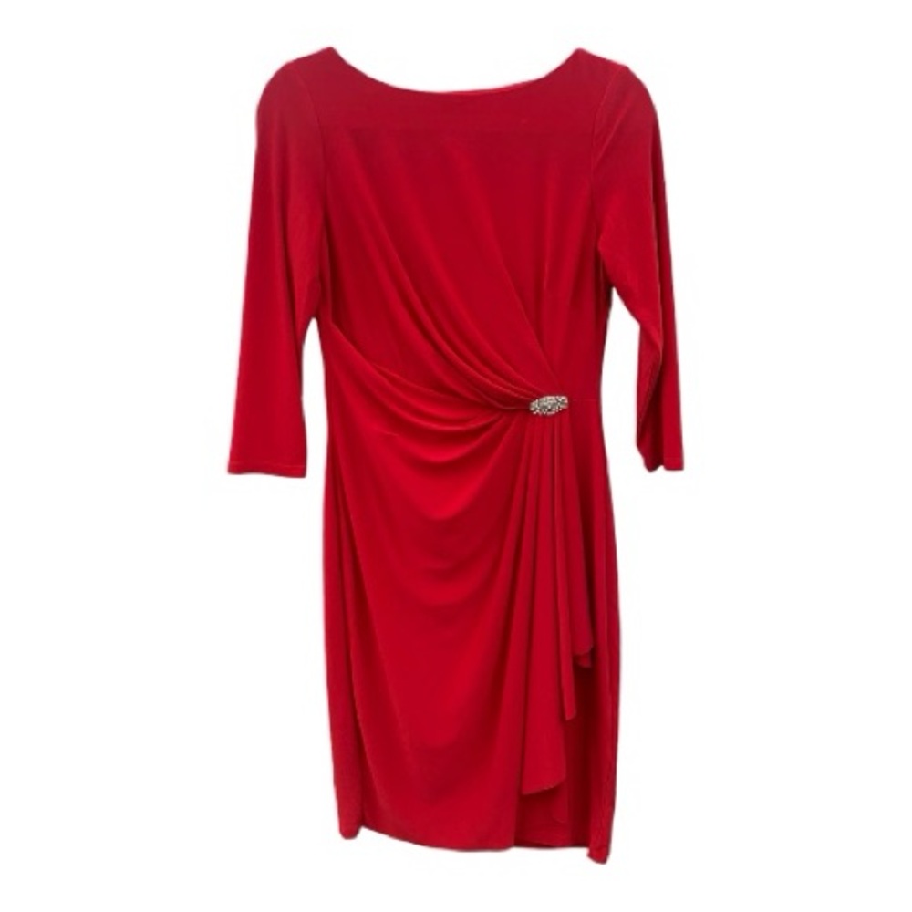 Chaps Elegant Red Cocktail Dress Rouched Side with Rhinestone Accent Midi Size S